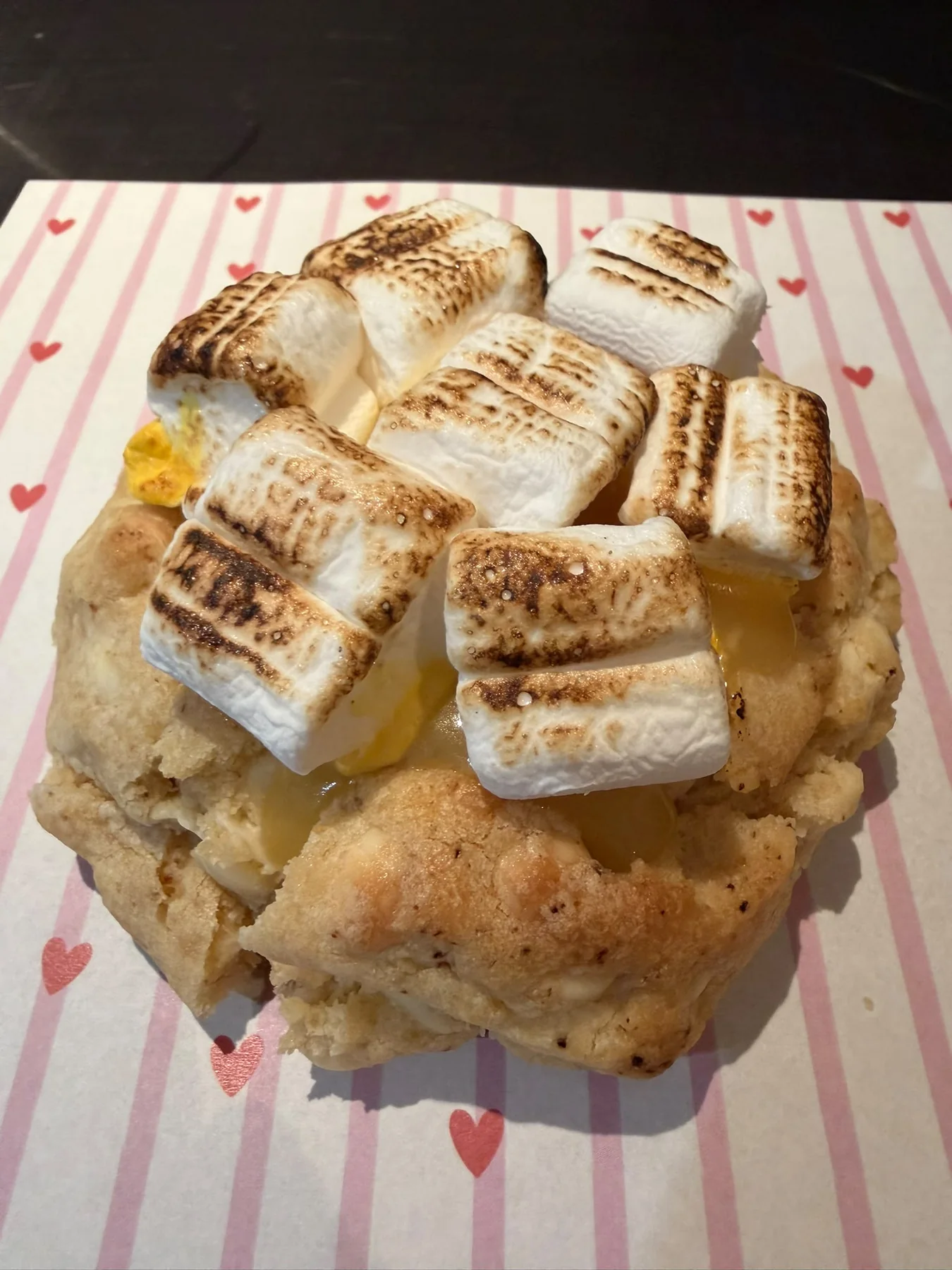 Large cookie topped with creamy frosting and toasted marshmallows.